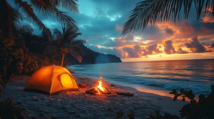 Poster - A vibrant sunset illuminates the beach where a bright orange tent stands beside a warm campfire. Palm trees frame the scene, enhancing the tranquil coastal escape.