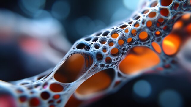 Abstract 3D rendering of a porous, organic structure with glowing orange and blue accents.