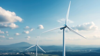 Two wind turbines stand against a clear sky, symbolizing renewable energy and sustainable technology in a scenic landscape.