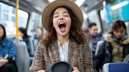 A young woman in a plaid coat and straw hat yawns energetically on a busy subway, illustrating urban fatigue and human expression in a commuting environment.