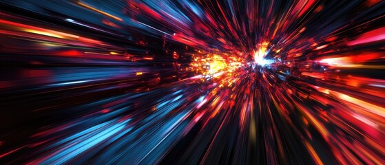 Fototapete - Dynamic burst of light patterns in vibrant colors, showcasing energy in motion and creating a sense of speed and excitement.