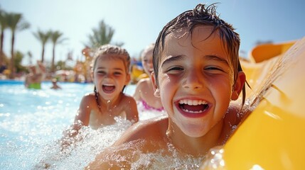 Wall Mural - Kids laugh and splash with delight at a lively water park, sliding on a vibrant orange slide under a clear, sunny sky, experiencing sheer childhood fun.