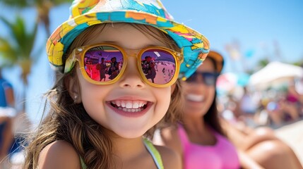 Wall Mural - A young girl with long hair is at the beach wearing colorful sunglasses and a vibrant hat, smiling broadly under the sunny blue sky, embodying pure happiness.