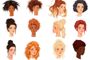 Variety of trendy hairstyles displayed in a row: braids, curls, ponytail, and bun, showcasing diverse styling options and hair textures.