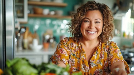 A woman with curly hair and a warm smile prepares food in a cozy kitchen, emphasizing a lifestyle centered around well-being and joy in culinary activities.