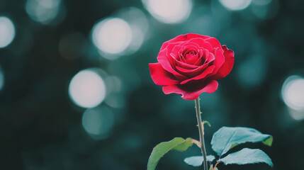 A striking red rose opens up amidst lush green leaves, creating a vibrant scene with a softly blurred backdrop.