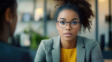 A young woman with glasses wearing a gray blazer and yellow blouse listens attentively during a business meeting, showcasing focus and engagement.