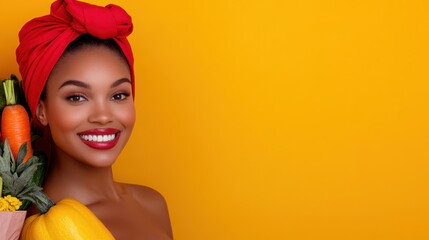 A vibrant image of a woman with a radiant smile, wearing a red head wrap and holding fresh vegetables, symbolizing health, vitality, and cheerful lifestyle.