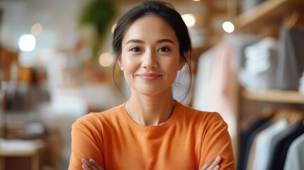 A confident woman stands smiling in a trendy clothing store, embodying a sense of fashion and happiness amidst a background of vibrant clothing displays.