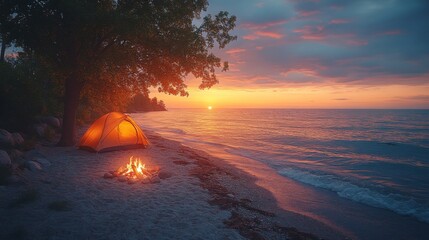 Fototapete - A serene camping setup is visible by the lakeshore as the sun sets, casting a warm glow. A bright tent stands nearby, complemented by a flickering campfire, creating a peaceful atmosphere.