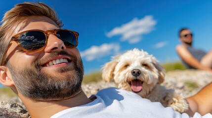 Wall Mural - A joyful man in sunglasses relaxes on a beach with his fluffy dog by his side, smiling so bright under a clear blue sky, capturing summer's blissful spirit.