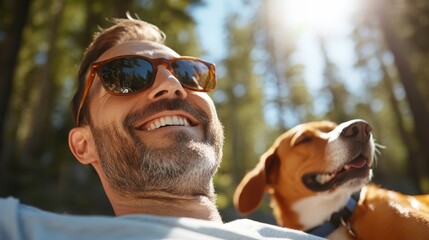 A cheerful man in sunglasses relaxes with his happy dog in a sunlit pine forest, embodying joy and the rejuvenating power of nature and companionship.