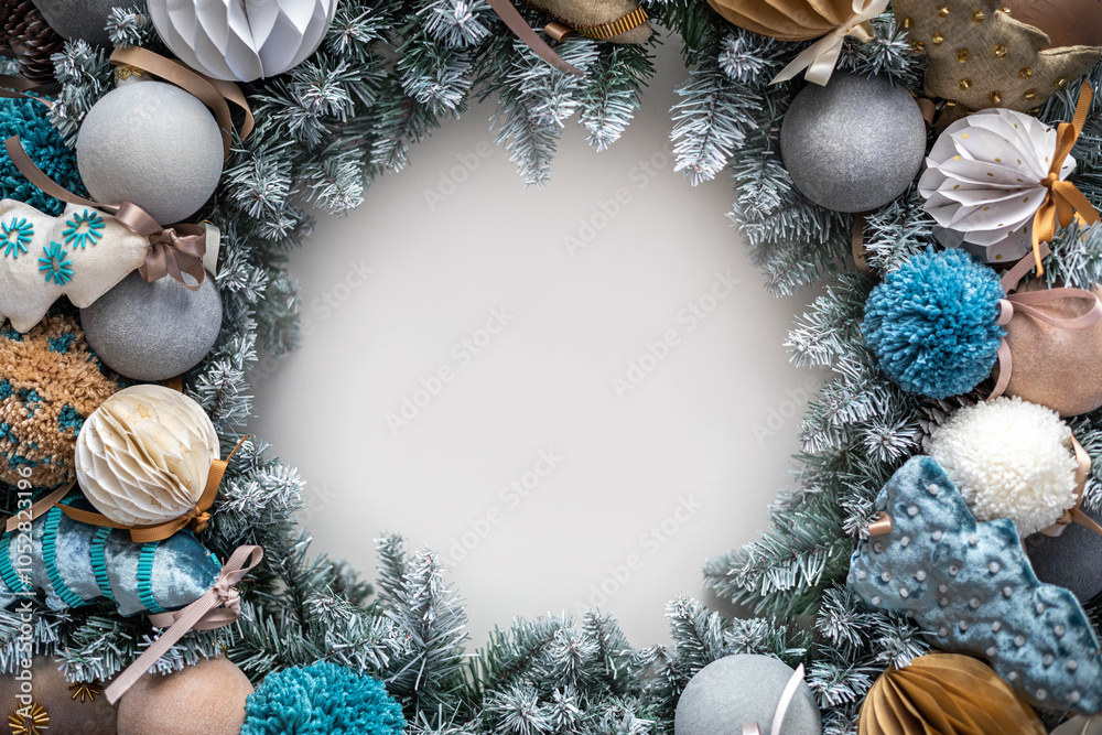 Christmas wreath made of live fir branches and toys on a white ...