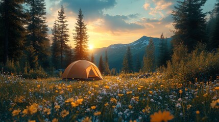 Aufkleber - The sun sets over a tranquil mountain landscape, illuminating a yellow tent nestled among blooming wildflowers. Tall trees frame the scene, enhancing the natural beauty.