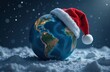 © InfiniteStudio - A globe wearing a Santa hat against a snowy background, capturing the festive spirit of Christmas around the world
