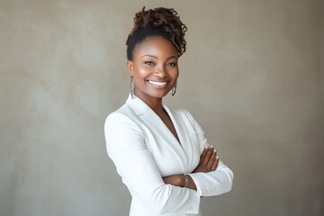 Confident African American businesswoman in a white suit smiles warmly while standing with arms crossed against a neutral background