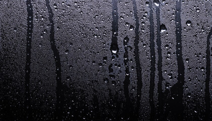 Water drops, glass, dripping, rain, wet, window glass, dew, condensation, flowing, transparent, liquid, black background, close-up