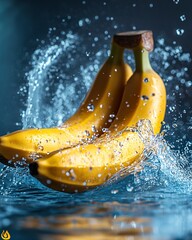 Two yellow bananas splashing into blue water.