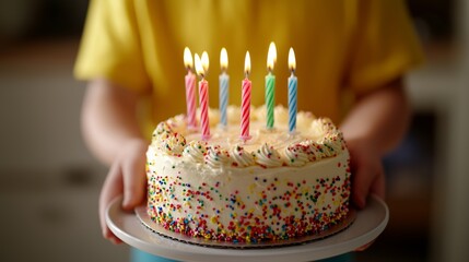 Boy Holding Colorful Birthday Cake with Candles