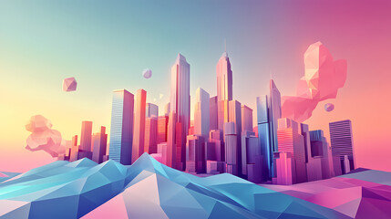 Vector illustration of 3d polygonal city, futuristic concept, metropolis for vr glasses. abstract cityscape for tech background in virtual reality. Virtual Cityscape. Illustration