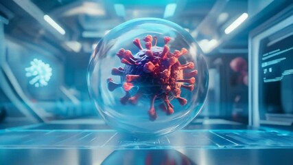 Poster - Coronavirus particle is levitating inside glass sphere in a futuristic laboratory, potentially symbolizing research, containment, or analysis of the virus