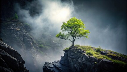 photography of an isolated resilient tree on black rock misty valley