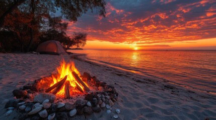 Poster - A warm campfire blazes on the sandy shore as the sun sets, casting colorful reflections in the water. A tent is visible in the background, completing the serene atmosphere.