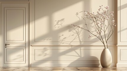 Poster - A 3D rendering of a room interior features a beige wall with a door and a vase with a branch, creating a simple yet elegant background