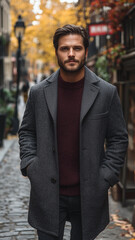 Wall Mural - Man in Grey Coat Walking on Cobblestone Street for Autumn Style and Seasonal Fashion Themes