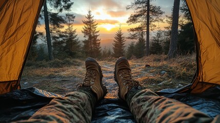 Poster - As the sun rises, a breathtaking view unfolds from inside a tent, showcasing vibrant colors and serene trees in the early morning light.