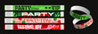 © Rudzhan - Vector illustration of colorful event wristbands for parties, festivals, VIP access. Green, red, and black designs with text like Party Time, Disco Time, and Festival No.1. Perfect for event branding