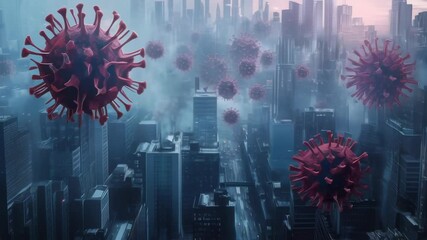 Aufkleber - City in lockdown due to the coronavirus pandemic, with skyscrapers and buildings witnessing the crisis, shrouded in pollution and fear