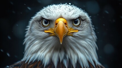 Close-up portrait of a bald eagle with rain or snow falling in the background. The bird is looking directly at the camera.