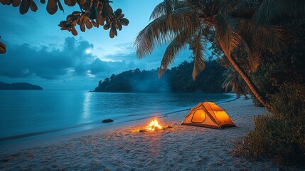 Poster - A cozy campsite is set up on the beach as twilight approaches. The warm glow from the tent contrasts with the approaching night, and the sound of ocean waves adds to the tranquil atmosphere.