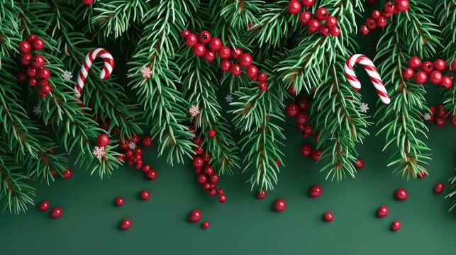 Holiday background for a red Merry Christmas greeting card with a realistic green garland of pine branches decorated with snowflake Christmas candies.