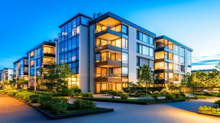 modern apartment complex with glowing lights and lush gardens during twilight hours in a serene urba