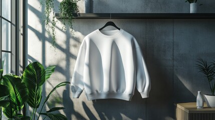 Aufkleber - A white sweatshirt is displayed on a hanger against a concrete wall, illuminated by soft sunlight. Potted plants add a touch of nature to the stylish indoor setting, creating a warm atmosphere.
