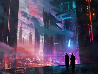 Poster - Futuristic Cityscape with Neon Lights and Two Figures