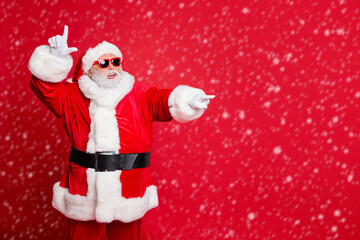 Portrait of his he funky fat overweight plump gray-haired bearded man having fun choose choice decision gift present surprise isolated over bright vivid shine red background