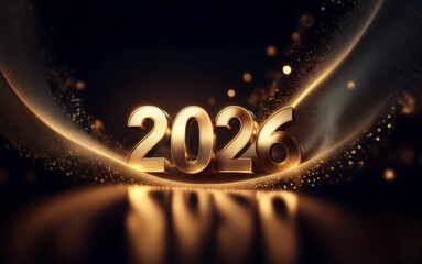 Poster - Golden 2026 numerals on a dark background with sparkling golden lights and a glowing ring.