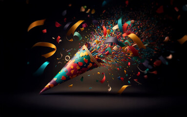Aufkleber - A party popper explodes, releasing colorful confetti and streamers against a dark background.