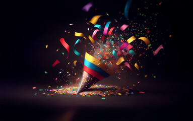 Poster - A colorful party popper explodes with confetti and ribbons against a dark background.