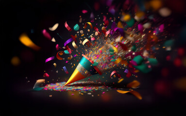 Aufkleber - A party popper explodes with colorful confetti on a black background.