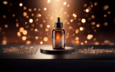 Poster - A glass bottle with a dropper sits on a black platform, illuminated by a spotlight, surrounded by bokeh.