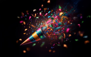 Poster - A party popper bursts with colorful confetti against a dark background.