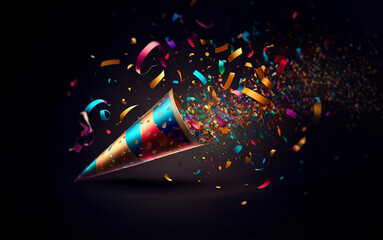 Poster - A party popper with confetti and streamers erupting against a dark background.
