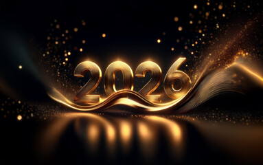 Poster - Golden 2026 numbers with a wave of light and glitter against a black background.