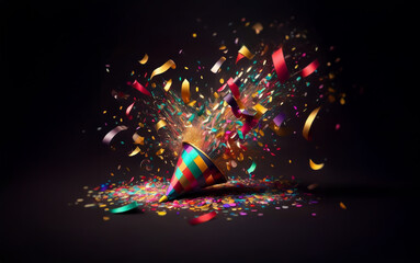 Aufkleber - A colorful party hat explodes, scattering confetti and streamers in a burst of celebration against a dark background.
