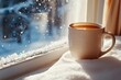 © Gentle Bunny - A warm cup of coffee sits on a snowy windowsill, with soft sunlight illuminating the scene and delicate snowflakes falling outside.