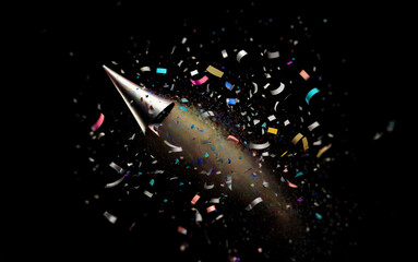 Poster - A silver party popper shoots confetti into the dark void.